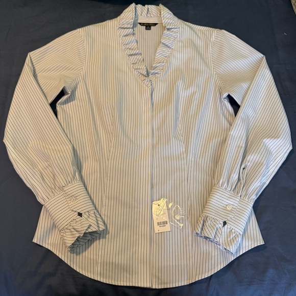Brooks Brothers Tops - NWT Brooks Brothers White and Light Blue Pinstripe Ruffle-Neck Button Blouse 6